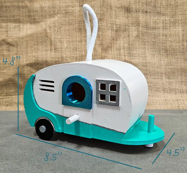 Dimensions of the retro camper birdhouses. Close up of the 3D printed predator guard on the bird entrance hole showing how it protects the birds.