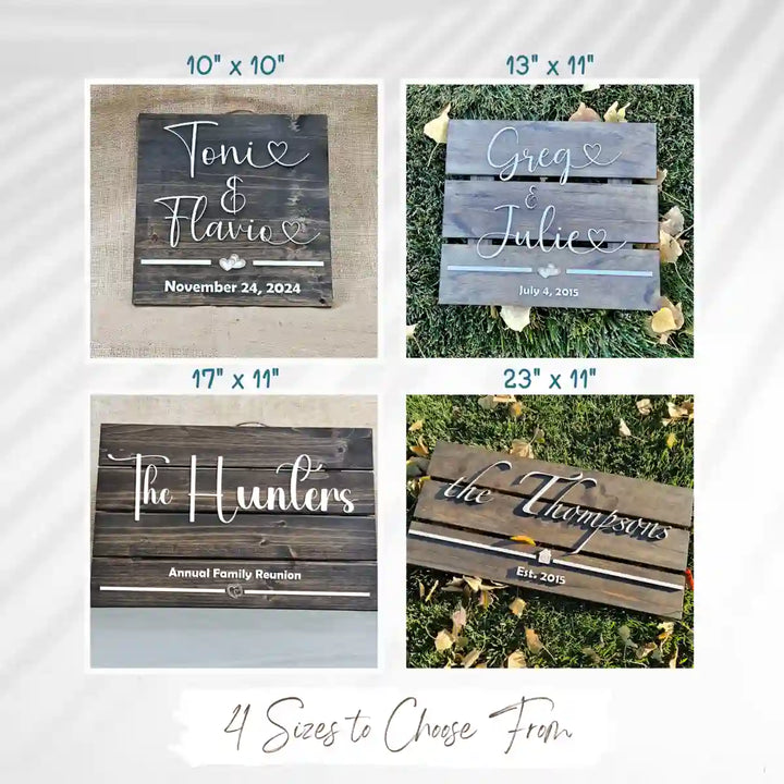 Collage of four personalized wooden name signs in various sizes (10x10, 13x11, 17x11, 23x11), each with unique names, dates, and designs, displayed on different backgrounds, with the text '4 Sizes to Choose From' at the bottom.