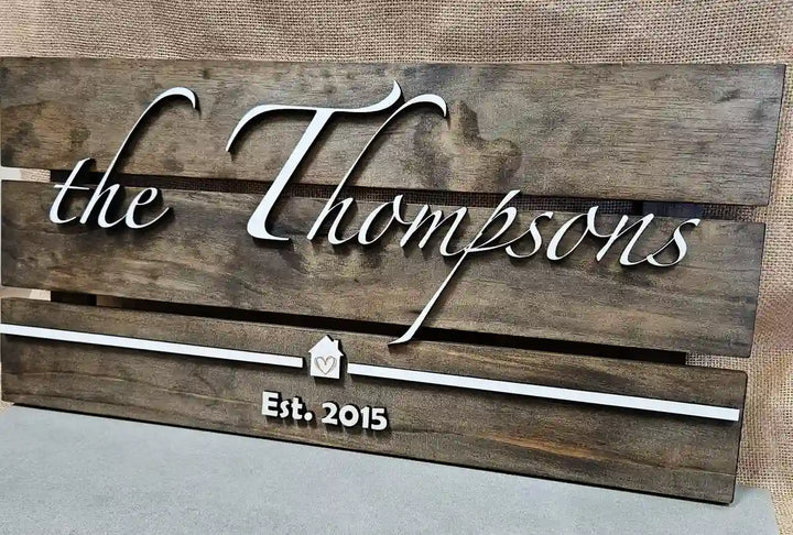 Large rectangular wooden sign with 'the Thompsons' in white script font, a small house shape, and 'Est. 2015' in white block font, against a textured gray background.